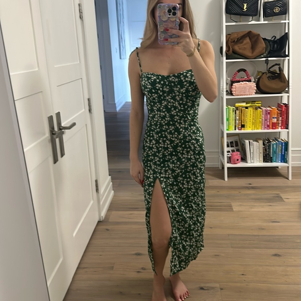 Green and white floral midi dress with slit